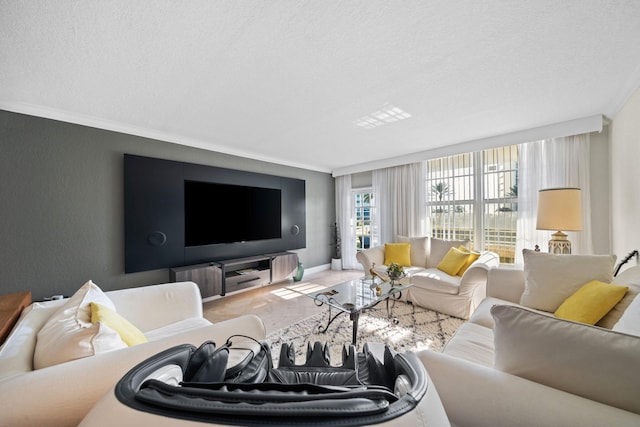 living room featuring a textured ceiling and ornamental molding