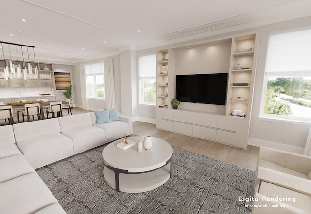 living room featuring hardwood / wood-style flooring, ornamental molding, and built in shelves