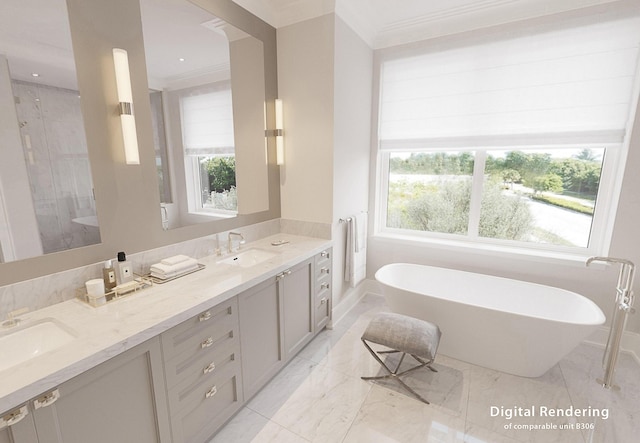 bathroom with a bathing tub, ornamental molding, and vanity