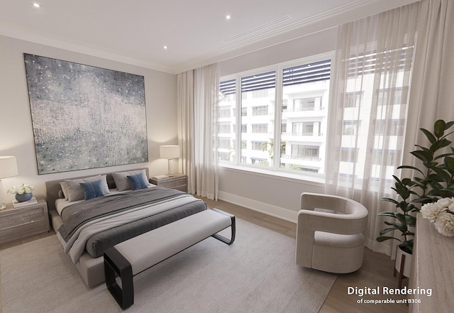 bedroom featuring light hardwood / wood-style flooring and ornamental molding