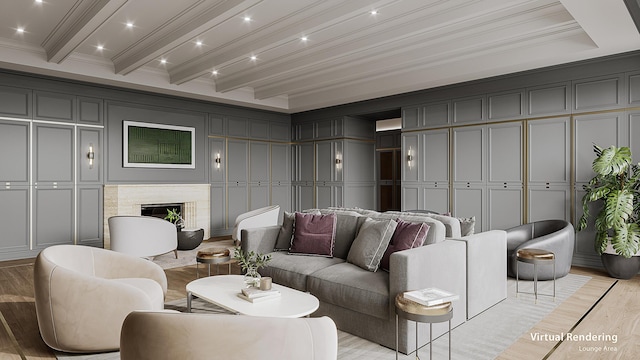 living room with beam ceiling, ornamental molding, a high end fireplace, and light hardwood / wood-style flooring