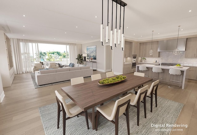 dining room featuring ornamental molding, sink, and light hardwood / wood-style flooring