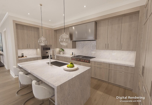 kitchen featuring sink, wall chimney range hood, light hardwood / wood-style flooring, hanging light fixtures, and stainless steel appliances