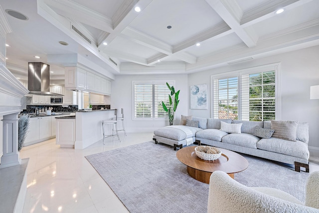 tiled living room with coffered ceiling, crown molding, and beamed ceiling