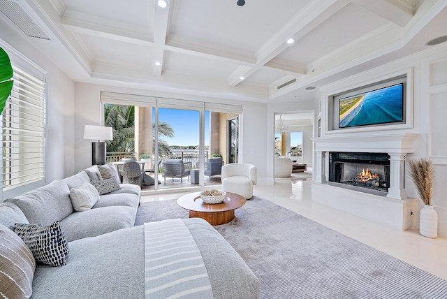 living room with beam ceiling, coffered ceiling, tile floors, and ornamental molding