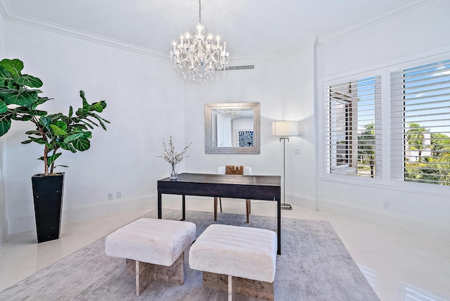 living area with ornamental molding, light tile floors, and an inviting chandelier