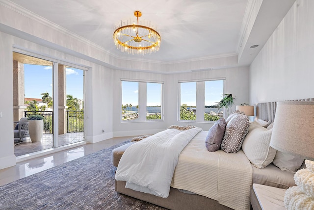 bedroom with tile floors, access to exterior, a notable chandelier, and multiple windows