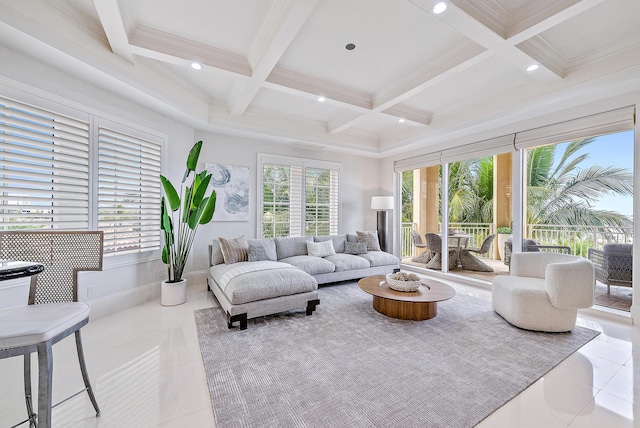 living room featuring coffered ceiling, beam ceiling, and light tile flooring