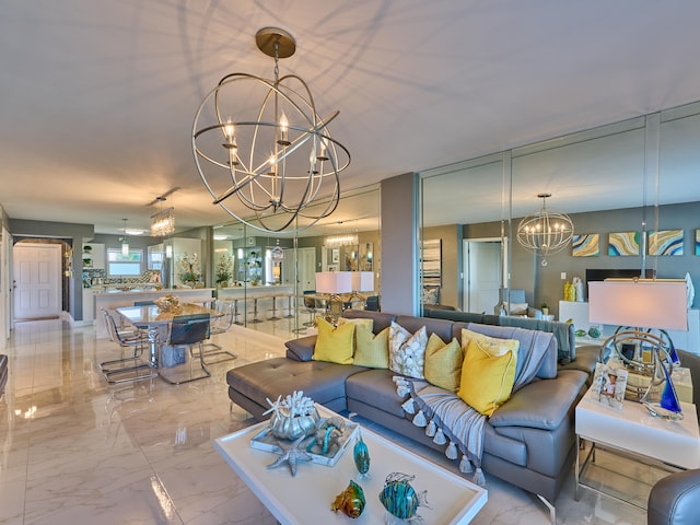 living room featuring a notable chandelier and light tile floors