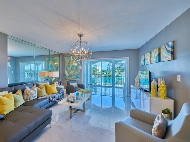 tiled living room featuring a notable chandelier