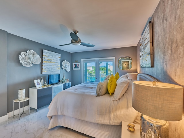 bedroom featuring ceiling fan, french doors, and tile floors