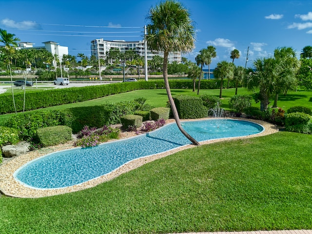 view of swimming pool featuring a lawn