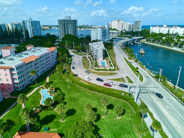 drone / aerial view featuring a water view