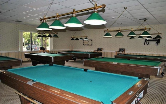 game room with wallpapered walls, billiards, a paneled ceiling, and wainscoting