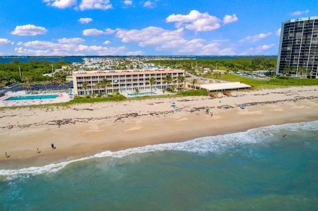 aerial view featuring a beach view and a water view