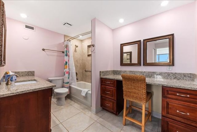 full bathroom featuring toilet, vanity, shower / tub combo with curtain, and tile flooring