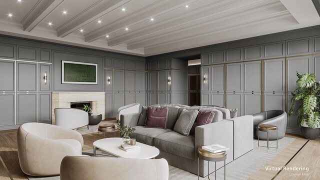 living room with beamed ceiling, crown molding, and light hardwood / wood-style flooring