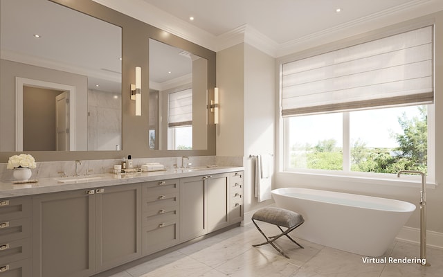 bathroom with ornamental molding, vanity, and a bath