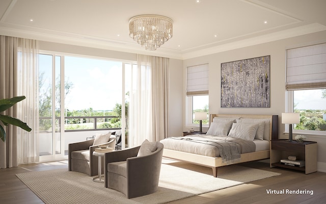 bedroom featuring ornamental molding, multiple windows, wood-type flooring, and an inviting chandelier