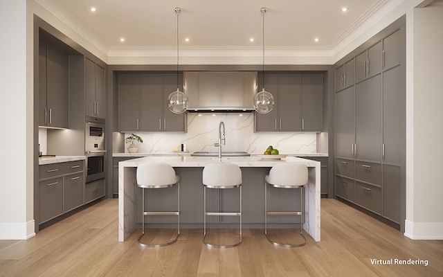 kitchen with crown molding, light hardwood / wood-style floors, gray cabinets, pendant lighting, and decorative backsplash