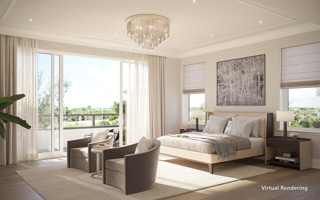 bedroom featuring crown molding, multiple windows, hardwood / wood-style flooring, and a chandelier