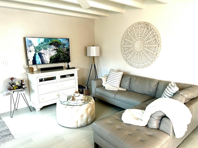 living room featuring beam ceiling and wood-type flooring