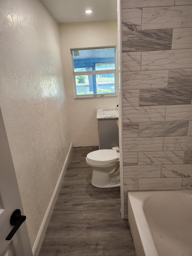 bathroom featuring hardwood / wood-style floors, vanity, and toilet