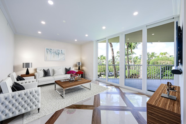 living room featuring light tile flooring, a wall of windows, and crown molding