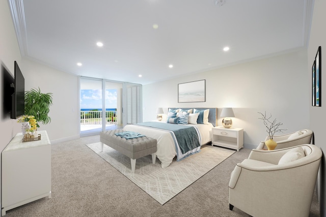 bedroom featuring light colored carpet, expansive windows, ornamental molding, and access to outside