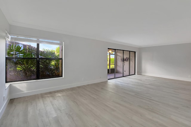 empty room featuring ornamental molding and light hardwood / wood-style flooring