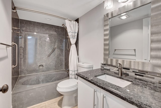 full bathroom featuring toilet, shower / bath combo, vanity, backsplash, and tile flooring