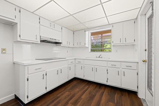 kitchen with white cabinets, a paneled ceiling, black electric stovetop, dark hardwood / wood-style flooring, and sink