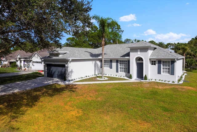 ranch-style home with a front yard and a garage