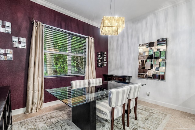 tiled dining area featuring crown molding and a notable chandelier