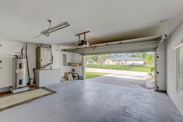 garage with water heater, heating utilities, and a garage door opener