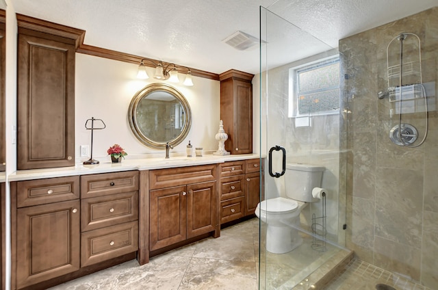 bathroom featuring vanity, walk in shower, tile flooring, a textured ceiling, and toilet