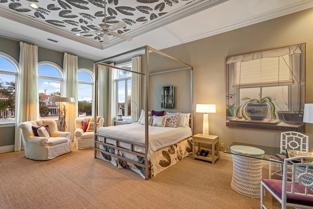 bedroom featuring light colored carpet and ornamental molding