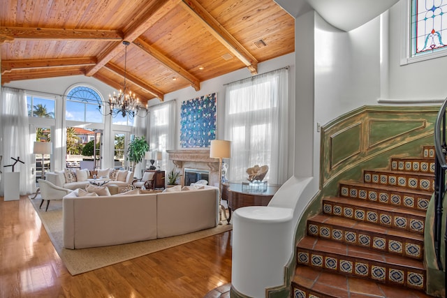 living room featuring high vaulted ceiling, a notable chandelier, beam ceiling, wood ceiling, and light hardwood / wood-style flooring