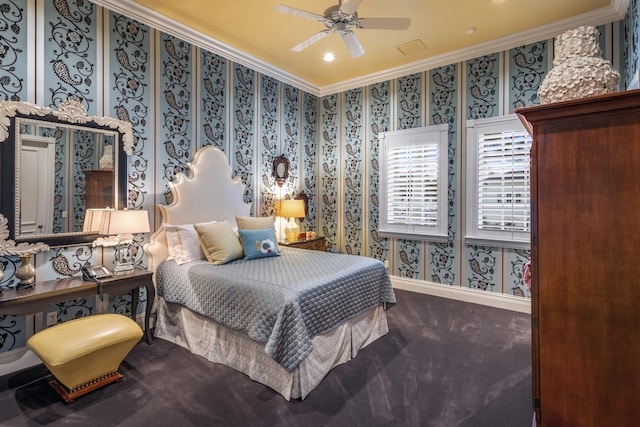 bedroom featuring dark carpet, ceiling fan, and crown molding