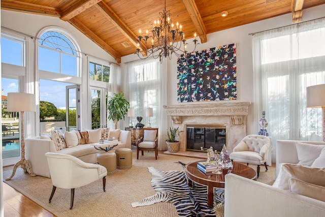 interior space with light hardwood / wood-style flooring, wooden ceiling, a fireplace, high vaulted ceiling, and a notable chandelier