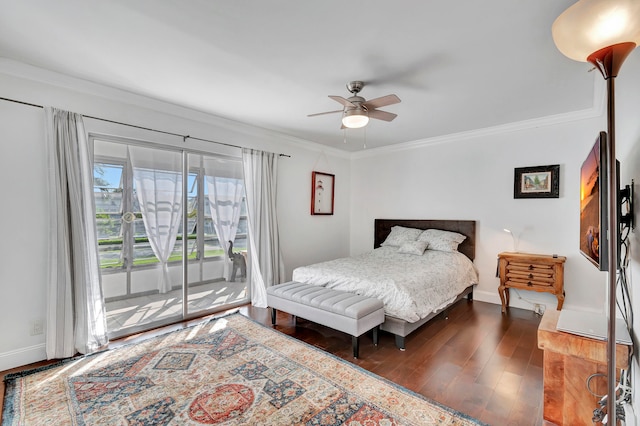 bedroom featuring access to outside, ceiling fan, dark hardwood / wood-style flooring, and ornamental molding