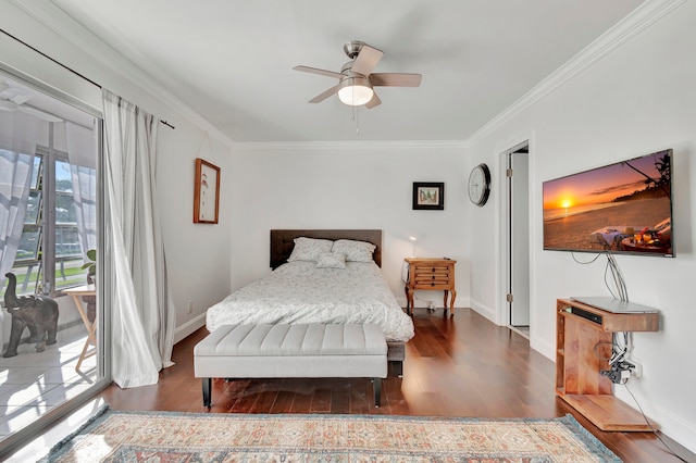 bedroom with access to outside, ceiling fan, crown molding, and dark hardwood / wood-style floors