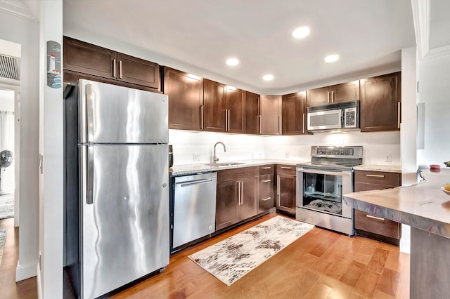 kitchen featuring sink, stainless steel appliances, tasteful backsplash, and light hardwood / wood-style flooring