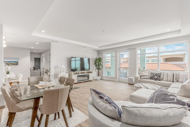 living room with a raised ceiling and light hardwood / wood-style flooring