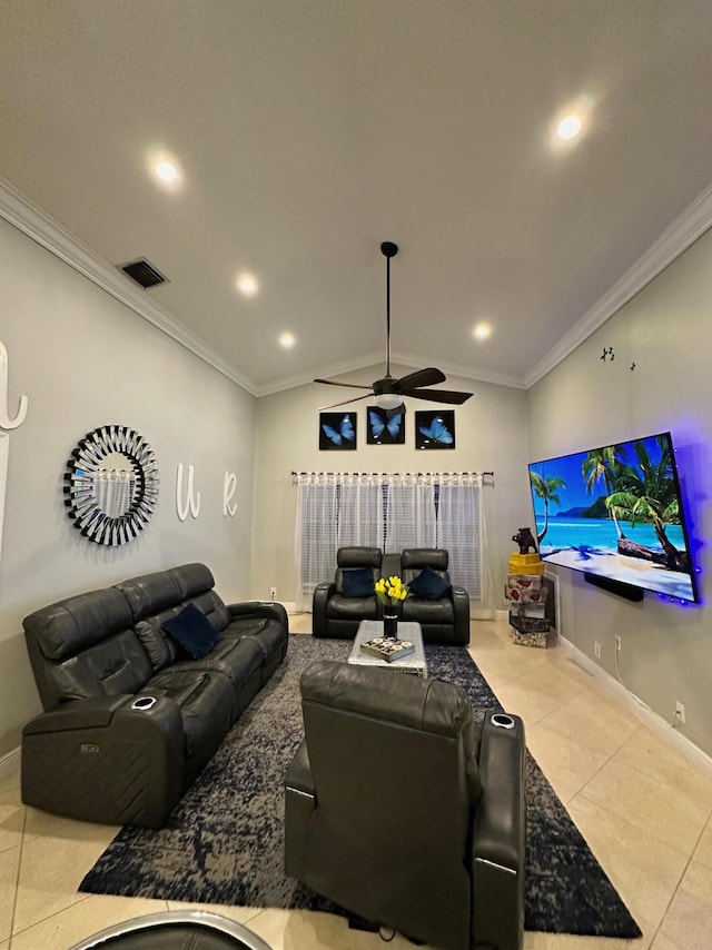 tiled living room featuring ceiling fan, vaulted ceiling, and ornamental molding