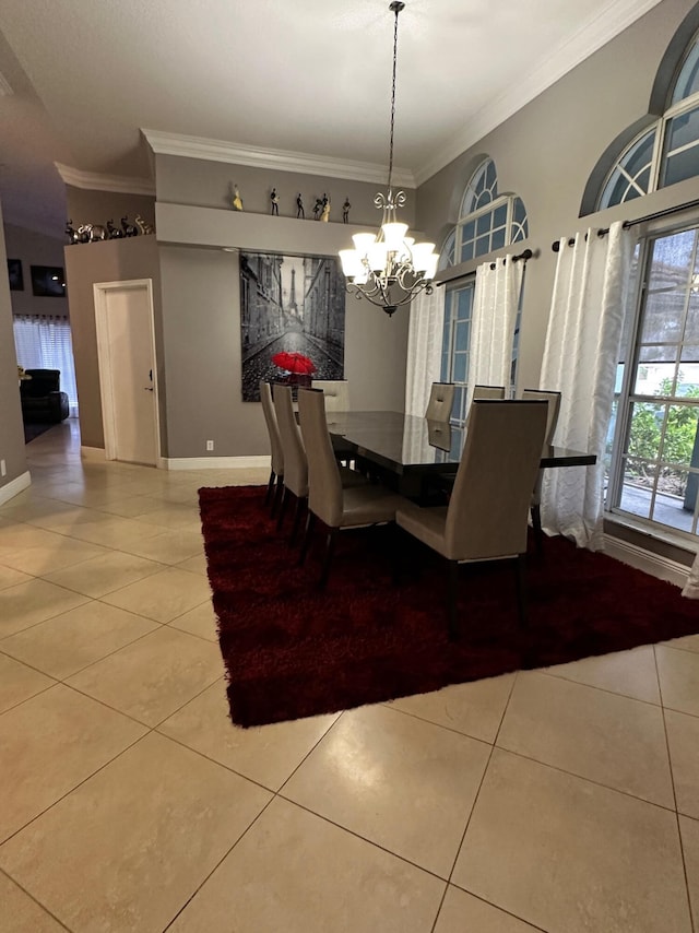 unfurnished dining area with light tile patterned flooring, an inviting chandelier, and ornamental molding