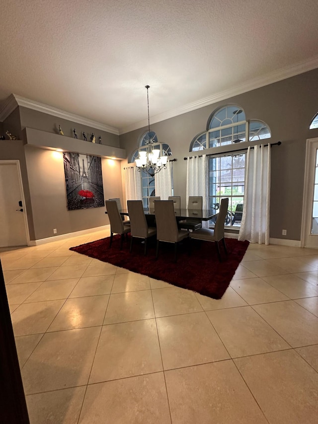 unfurnished dining area with a textured ceiling, a chandelier, crown molding, and light tile patterned flooring