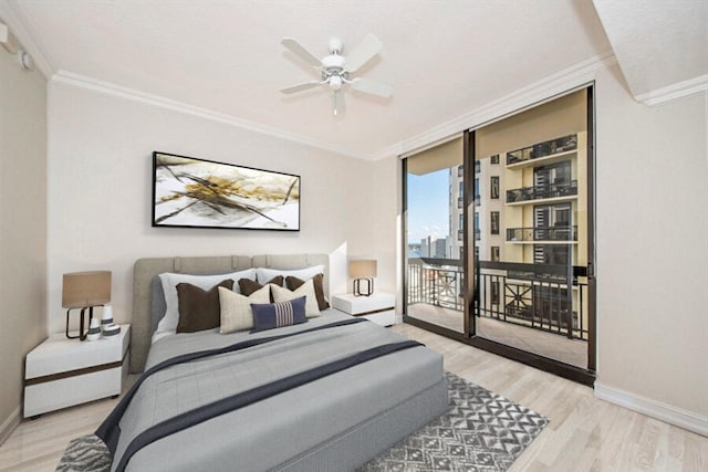 bedroom featuring ceiling fan, access to outside, light hardwood / wood-style flooring, and crown molding