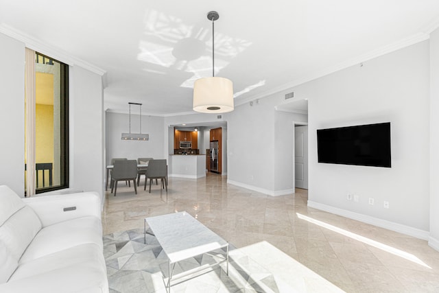 tiled living room featuring crown molding