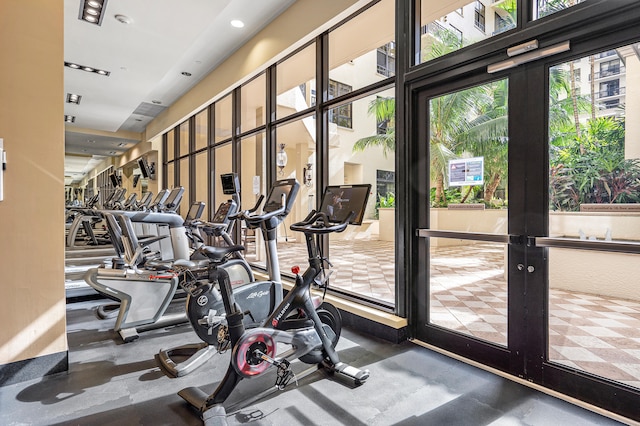 gym with french doors